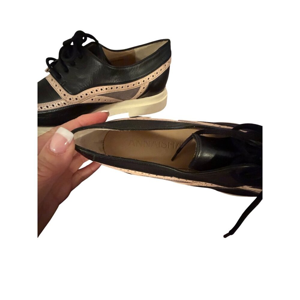 Annaisha Womens Lace-up Shoes Derby Size 38 Black Leather Pointed Toe Spain New - Picture 10 of 13